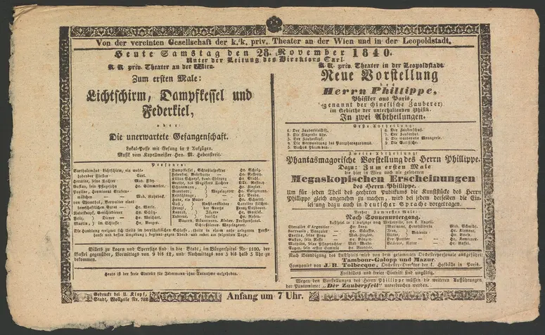 Lichtschirm, Dampfkessel und Federkiel, oder Die unerwartete Gefangenschaft, Neue Vorstellung des Herrn Phillippe, Phisiker aus Paris, Megaskopische Erscheinungen des Herrn Philippe, Nach Sonnenuntergang, Tambour-Galopp und Mazur