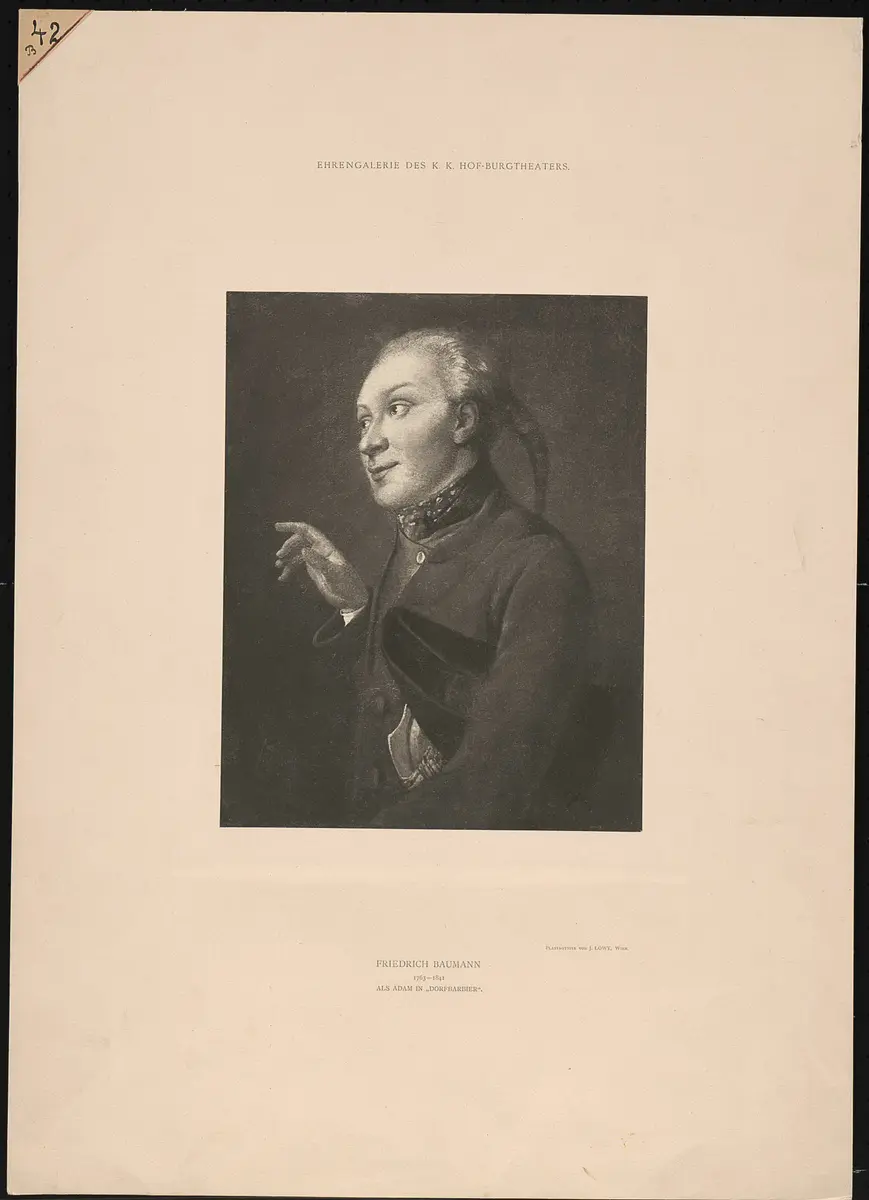Friedrich Baumann, Verweis auf Stücktitel: Der Dorfbarbier, Titel der Serie: Ehrengalerie des K.K. Hof-Burgtheaters