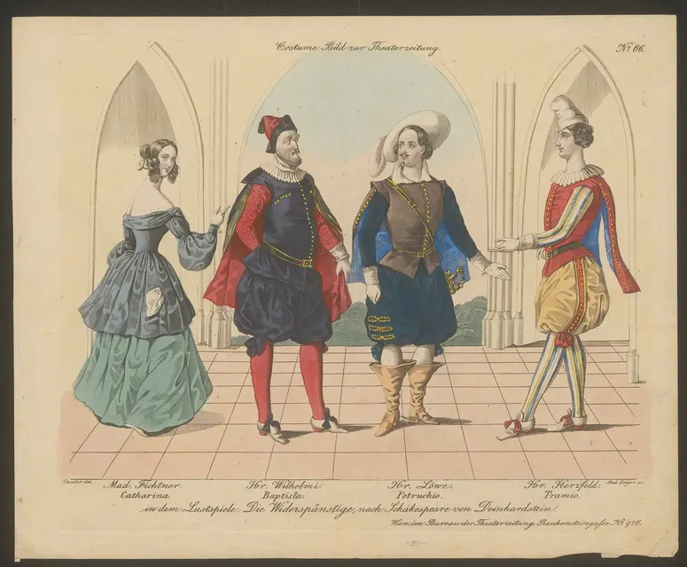 Die Widerspänstige, Alternativtitel: Die Widerspenstige, Alternativtitel: Der Widerspenstigen Zähmung (The Taming of the Shrew), Titel der Serie: Costume-Bild, Name der Zeitschrift: Wiener Theaterzeitung