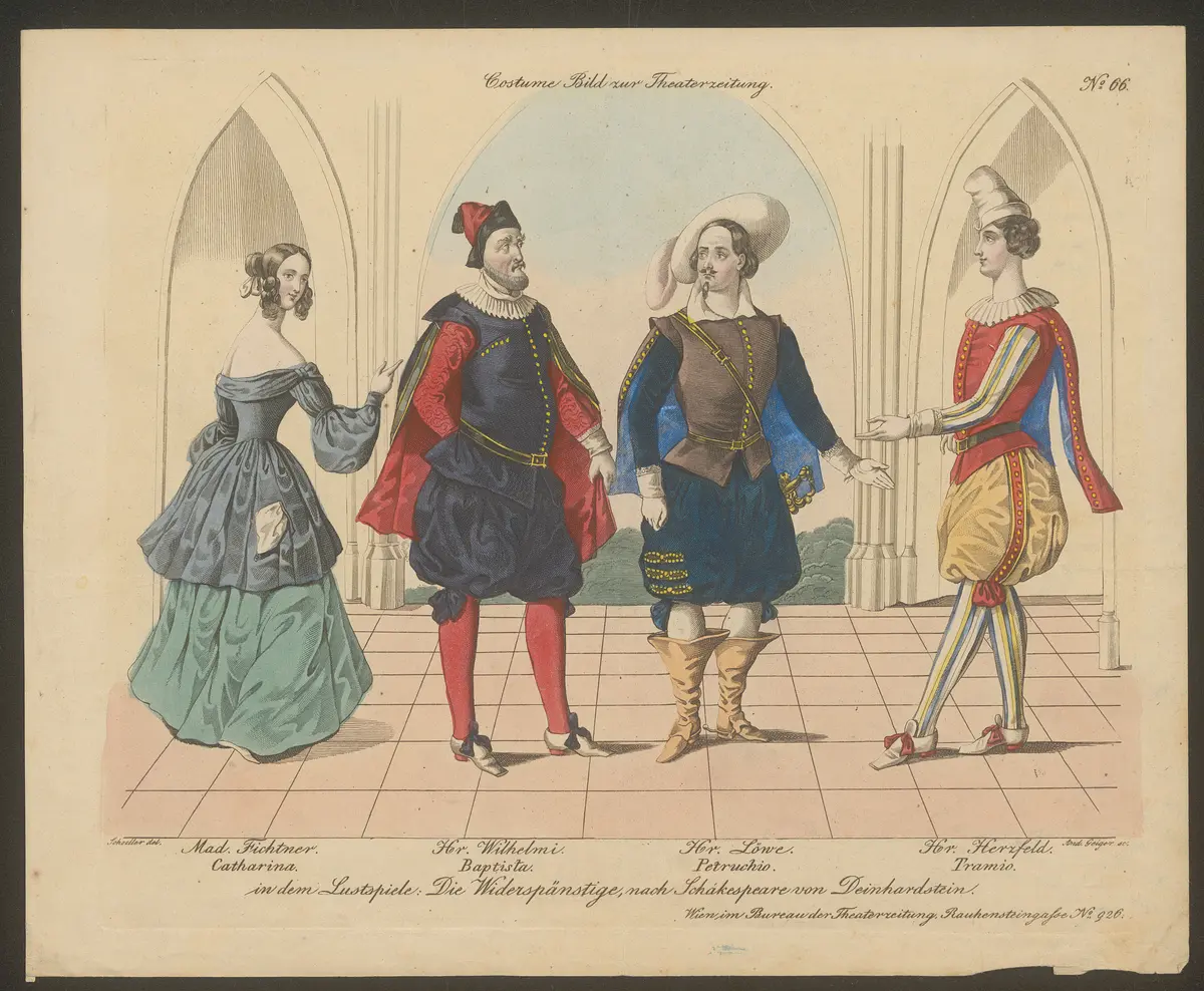 Die Widerspänstige, Alternativtitel: Die Widerspenstige, Alternativtitel: Der Widerspenstigen Zähmung (The Taming of the Shrew), Titel der Serie: Costume-Bild, Name der Zeitschrift: Wiener Theaterzeitung