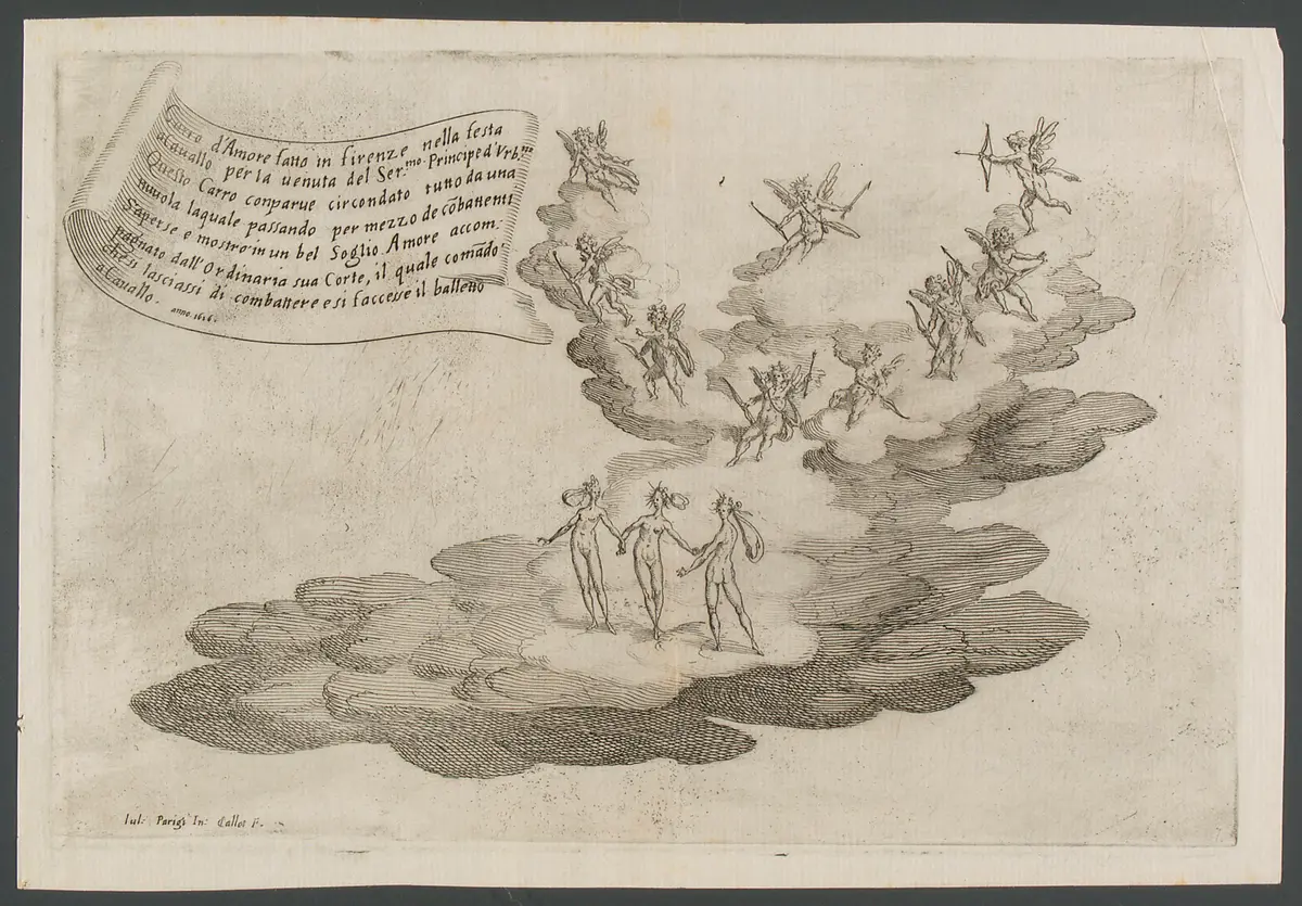 Guerra di bellezza, Titel in Vorlageform: Guerra di bellezza. Festa a cavallo fatta in Firenze per la venuta del Serenissimo Principe d'Urbino. L'Ottobre del 1616.