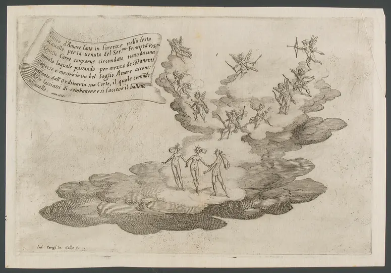 Guerra di bellezza, Titel in Vorlageform: Guerra di bellezza. Festa a cavallo fatta in Firenze per la venuta del Serenissimo Principe d'Urbino. L'Ottobre del 1616.