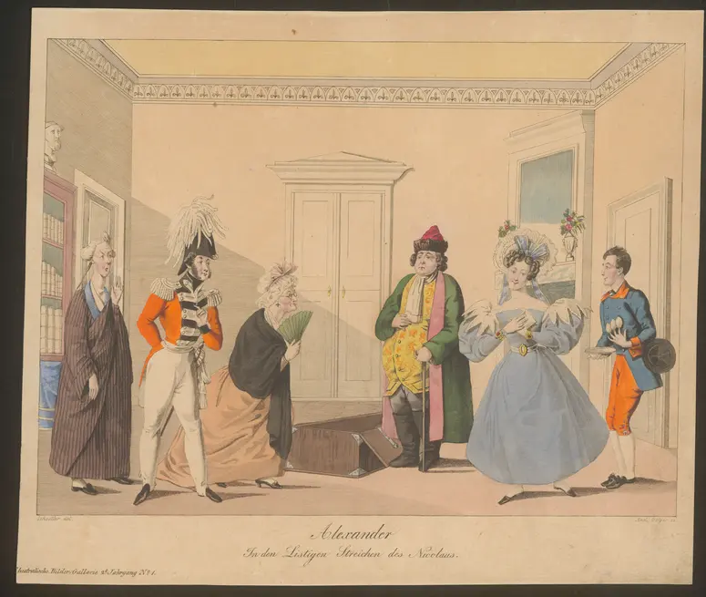 Die listigen Streiche des Nicolaus, Alternativtitel: Les Ruses de Nicolas, Titel in Vorlageform: Alexander / In den Listigen Streichen des Nicolaus, Titel der Serie: Theatralische Bilder-Gallerie, Name der Zeitschrift: Wiener Theaterzeitung