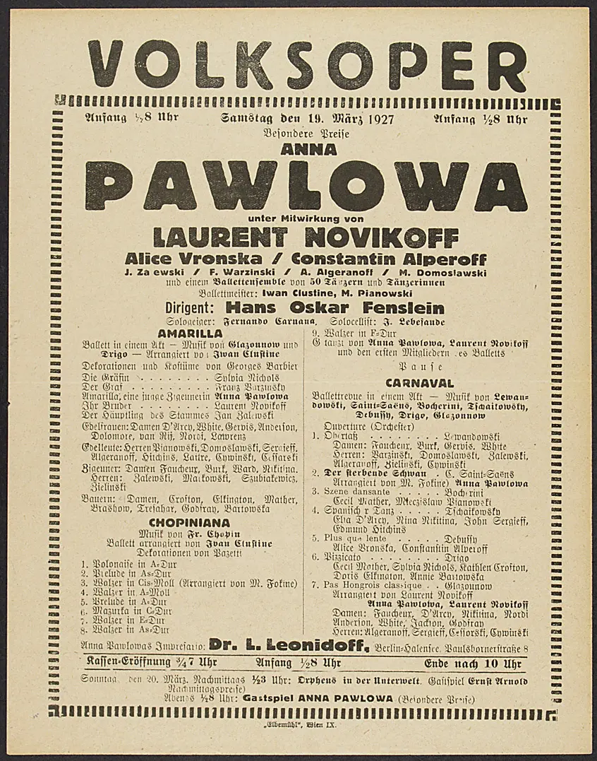Gastspiel Anna Pawlowa, Amarilla, Chopiniana, Carnaval, Der sterbende Schwan