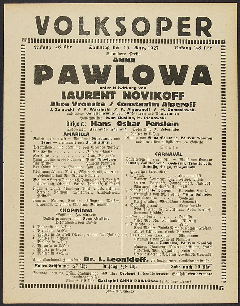 Gastspiel Anna Pawlowa, Amarilla, Chopiniana, Carnaval, Der sterbende Schwan