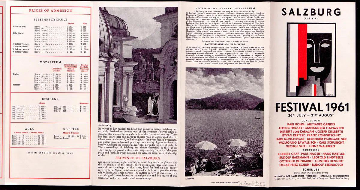 Salzburger Festspiele 1961, Titel in Vorlageform: Salzburg Festival 1961, Verweis auf Stücktitel: Cosi fan tutte, Verweis auf Stücktitel: Die Entführung aus dem Serail, Verweis auf Stücktitel: Don Giovanni, Verweis auf Stücktitel: Idomeneo, Verweis auf Stücktitel: Der Rosenkavalier, Simon Boccanegra, Verweis auf Stücktitel: Das Bergwerk zu Falun, Verweis auf Stücktitel: Jedermann, Verweis auf Stücktitel: Faust, Verweis auf Stücktitel: Der Bauer als Millionär