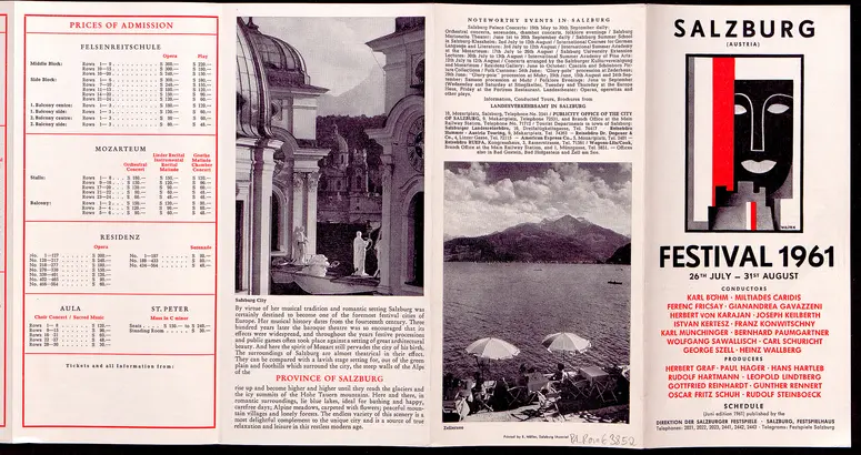 Salzburger Festspiele 1961, Titel in Vorlageform: Salzburg Festival 1961, Verweis auf Stücktitel: Cosi fan tutte, Verweis auf Stücktitel: Die Entführung aus dem Serail, Verweis auf Stücktitel: Don Giovanni, Verweis auf Stücktitel: Idomeneo, Verweis auf Stücktitel: Der Rosenkavalier, Simon Boccanegra, Verweis auf Stücktitel: Das Bergwerk zu Falun, Verweis auf Stücktitel: Jedermann, Verweis auf Stücktitel: Faust, Verweis auf Stücktitel: Der Bauer als Millionär