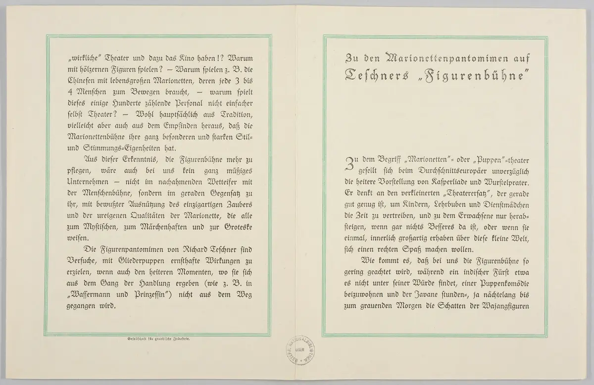 Richard Teschners Figurentheater, Titel in Vorlageform: Einladung zu einer von Richard Teschner veranstalteten Theater-Vorstellung seiner Figurenbühne, Titel der Ausstellung: Ausstellung österreichischer Kunstgewerbe verbunden mit einer Sonderausstellung Richard Teschner, Verweis auf Stücktitel: Kosumos Opfertod, Verweis auf Stücktitel: Prinzessin und Wassermann, Verweis auf Stücktitel: Nawang Wulan, Verweis auf Stücktitel: Nachtstück, Verweis auf Stücktitel: Die Tänzerin / Die grüne Tänzerin