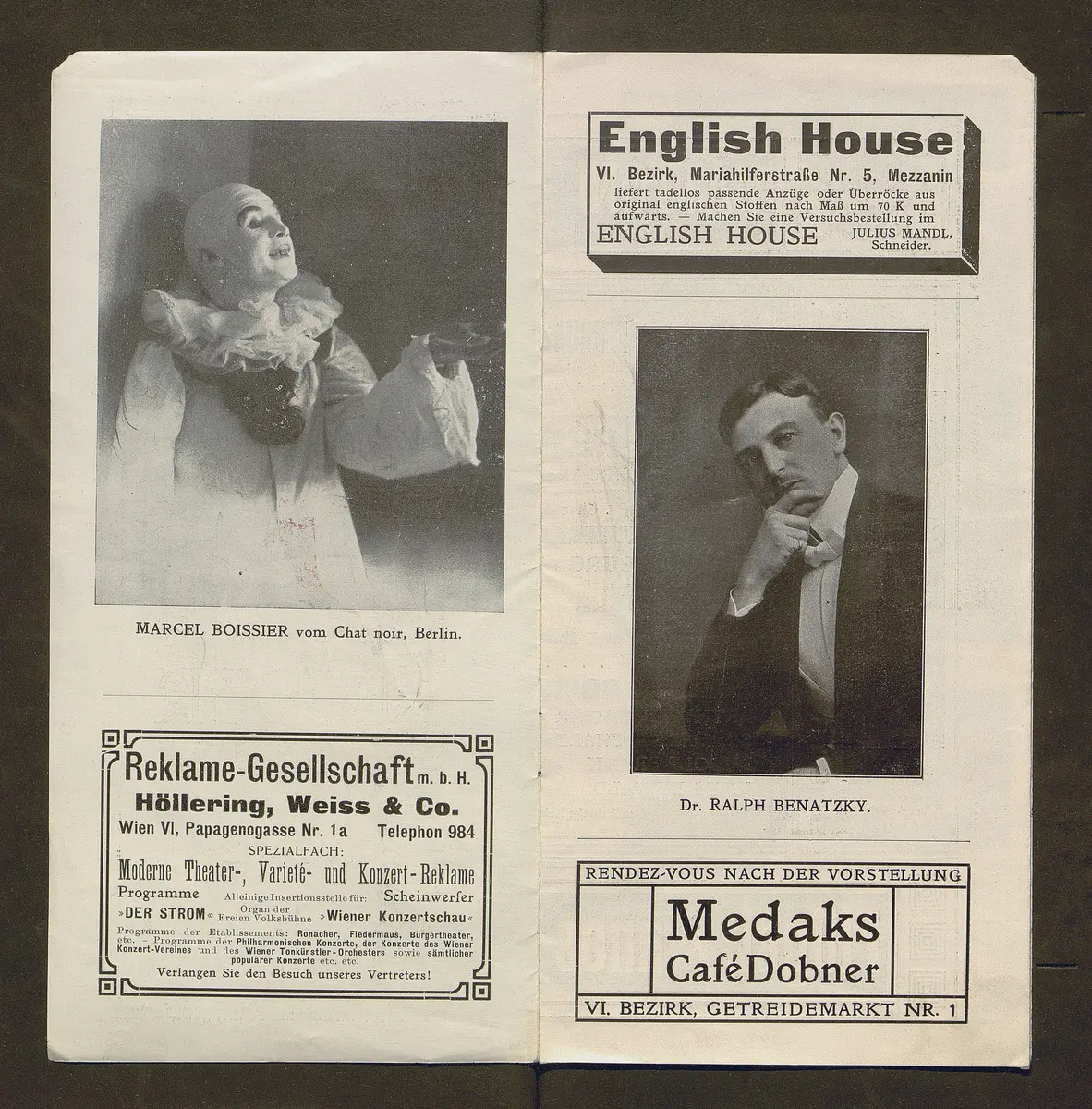 Kabarett Fledermaus, Titel in Vorlageform: Fledermaus 1911-12, Verweis auf Stücktitel: Colombinens Untreue, Verweis auf Stücktitel: Das blonde Abenteuer, Verweis auf Stücktitel: Kokottchens Mission, Verweis auf Stücktitel: Das Wartehäuschen, Verweis auf Stücktitel: Hier wird geliebt