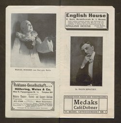 Kabarett Fledermaus, Titel in Vorlageform: Fledermaus 1911-12, Verweis auf Stücktitel: Colombinens Untreue, Verweis auf Stücktitel: Das blonde Abenteuer, Verweis auf Stücktitel: Kokottchens Mission, Verweis auf Stücktitel: Das Wartehäuschen, Verweis auf Stücktitel: Hier wird geliebt