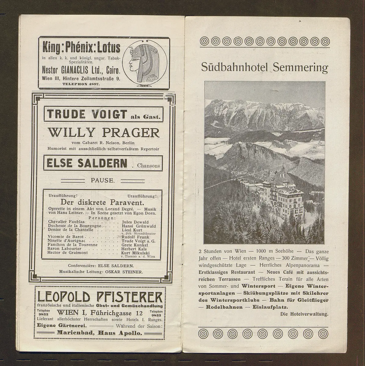 Kabarett Fledermaus, Titel in Vorlageform: Fledermaus 1911-12, Verweis auf Stücktitel: Die Klette, Verweis auf Stücktitel: Der diskrete Paravent
