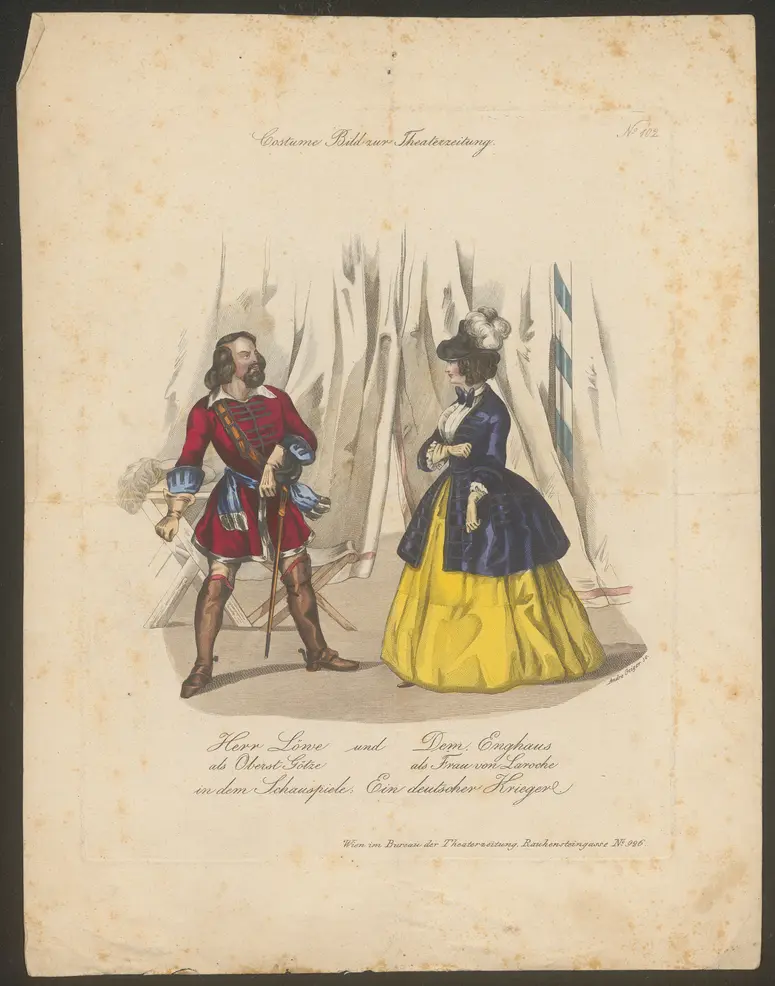 Ein deutscher Krieger, Titel in Vorlageform: Herr Löwe und Dem. Enghaus [...] in dem Schauspiele: Ein deutscher Krieger, Titel der Serie: Costume-Bild, Name der Zeitschrift: Wiener Theaterzeitung