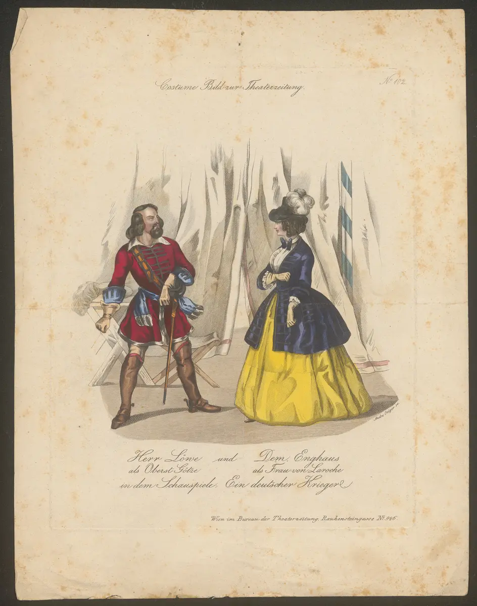 Ein deutscher Krieger, Titel in Vorlageform: Herr Löwe und Dem. Enghaus [...] in dem Schauspiele: Ein deutscher Krieger, Titel der Serie: Costume-Bild, Name der Zeitschrift: Wiener Theaterzeitung