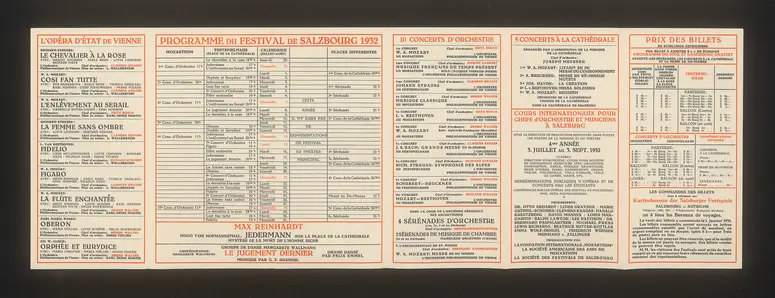 Salzburger Festspiele 1932, Titel in Vorlageform: Salzbourg Festival 1932, Verweis auf Stücktitel: Cosi fan tutte, Verweis auf Stücktitel: Entführung aus dem Serail, Verweis auf Stücktitel: Fidelio, Verweis auf Stücktitel: Die Frau ohne Schatten, Verweis auf Stücktitel: Die Hochzeit des Figaro, Verweis auf Stücktitel: Oberon, Verweis auf Stücktitel: Orpheus und Eurydike, Verweis auf Stücktitel: Der Rosenkavalier, Verweis auf Stücktitel: Zauberflöte, Verweis auf Stücktitel: Jedermann, Verweis auf Stücktitel: Das jüngste Gericht