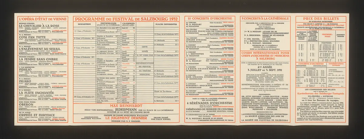Salzburger Festspiele 1932, Titel in Vorlageform: Salzbourg Festival 1932, Verweis auf Stücktitel: Cosi fan tutte, Verweis auf Stücktitel: Entführung aus dem Serail, Verweis auf Stücktitel: Fidelio, Verweis auf Stücktitel: Die Frau ohne Schatten, Verweis auf Stücktitel: Die Hochzeit des Figaro, Verweis auf Stücktitel: Oberon, Verweis auf Stücktitel: Orpheus und Eurydike, Verweis auf Stücktitel: Der Rosenkavalier, Verweis auf Stücktitel: Zauberflöte, Verweis auf Stücktitel: Jedermann, Verweis auf Stücktitel: Das jüngste Gericht