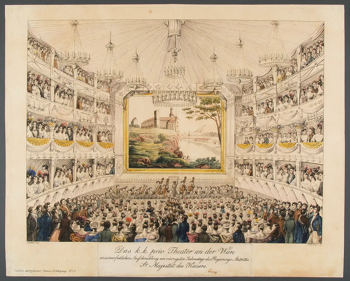 Wien, Theater an der Wien, Titel in Vorlageform: Das k.k. priv. Theater an der Wien in seiner festlichen Aussschmükkung am vierzigsten Jahrestage des Regierungs-Antrittes Sr. Majestät des Kaisers, Titel der Serie: Gallerie interessanter und drolliger Scenen, Name der Zeitschrift: Wiener Theaterzeitung