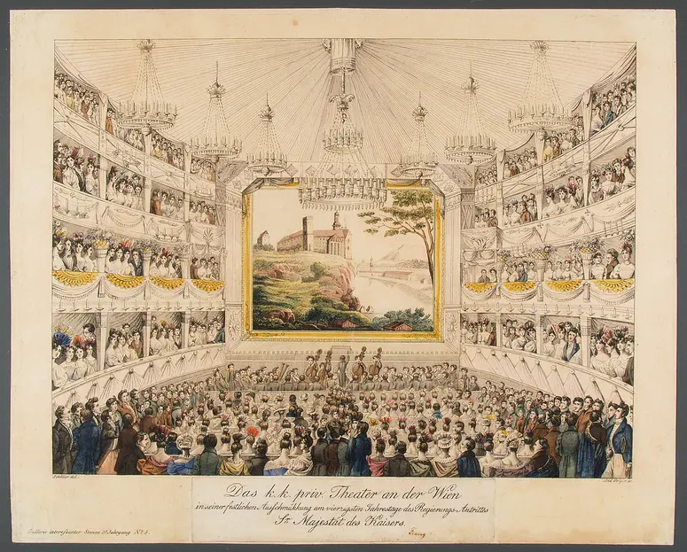 Wien, Theater an der Wien, Titel in Vorlageform: Das k.k. priv. Theater an der Wien in seiner festlichen Aussschmükkung am vierzigsten Jahrestage des Regierungs-Antrittes Sr. Majestät des Kaisers, Titel der Serie: Gallerie interessanter und drolliger Scenen, Name der Zeitschrift: Wiener Theaterzeitung