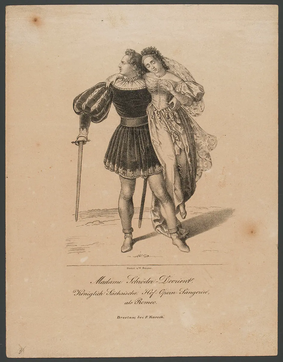 Wilhelmine Schröder-Devrient, Titel in Vorlageform: Madame Devrient, K. Sächs. Hofsängerin zu Dresden, Verweis auf Stücktitel: Romeo und Julia, Verweis auf Stücktitel: I Capuleti e i Montecchi