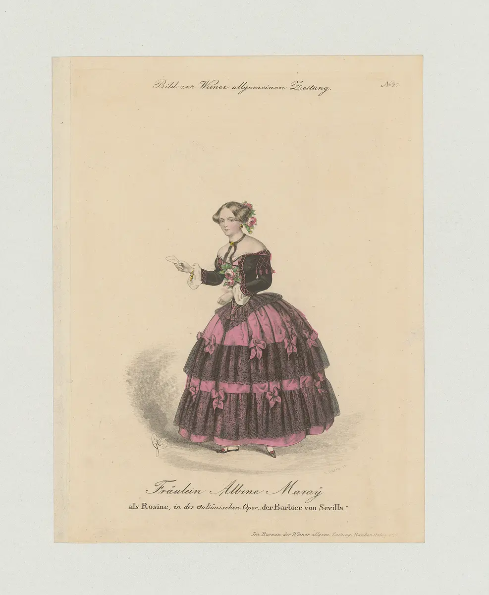 Albine Maray, Titel der Serie: Bild zur Wiener allgemeinen Zeitung, Name der Zeitschrift: Wiener Theaterzeitung, Verweis auf Stücktitel: Der Barbier von Sevilla