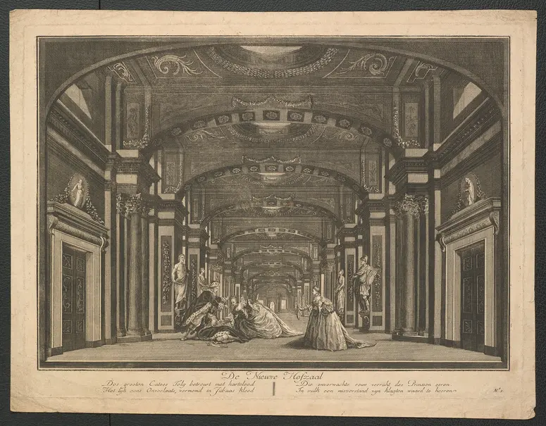 ohne Titel, Titel in Vorlageform: De Nieuwe Hofzaal (Der neue Hofsaal), Titel der Serie: Toneeldecors van de Amsterdamse Schouwburg (Theaterdekorationen der Amsterdamer Schauburg)