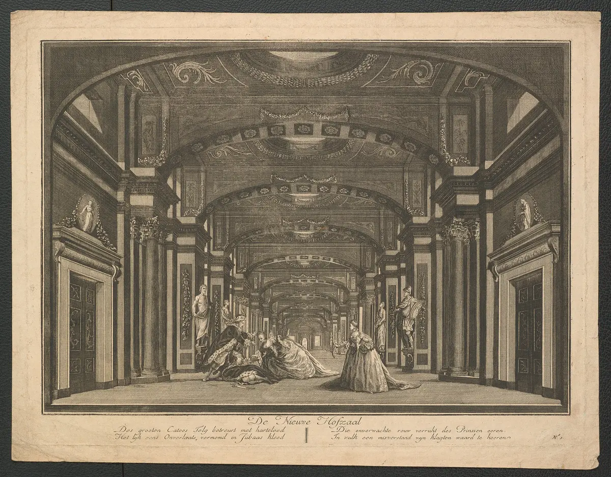 ohne Titel, Titel in Vorlageform: De Nieuwe Hofzaal (Der neue Hofsaal), Titel der Serie: Toneeldecors van de Amsterdamse Schouwburg (Theaterdekorationen der Amsterdamer Schauburg)