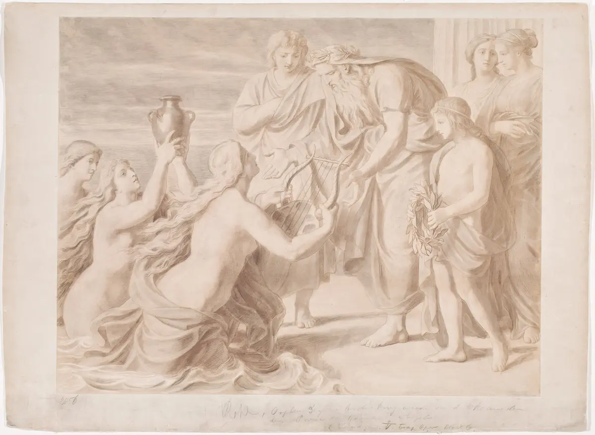 Leier und Aschenkrug von Orpheus werden von Okeaniden dem Priester der Harmonie übergeben, Titel der Serie: Szenen aus dem Orpheus-Mythos für den Vorhang des k. k. Hof-Operntheaters