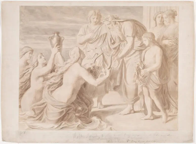 Leier und Aschenkrug von Orpheus werden von Okeaniden dem Priester der Harmonie übergeben, Titel der Serie: Szenen aus dem Orpheus-Mythos für den Vorhang des k. k. Hof-Operntheaters