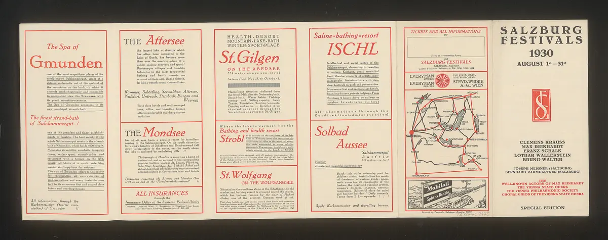 Salzburger Festspiele 1930, Titel in Vorlageform: Salzburg Festivals 1930, Verweis auf Stücktitel: Figaros Hochzeit, Verweis auf Stücktitel: Don Juan, Verweis auf Stücktitel: Fidelio, Verweis auf Stücktitel: Der Rosenkavalier, Verweis auf Stücktitel: Don Pasquale, Verweis auf Stücktitel: Jedermann, Verweis auf Stücktitel: Kabale und Liebe, Verweis auf Stücktitel: Der Diener zweier Herren, Verweis auf Stücktitel: Viktoria
