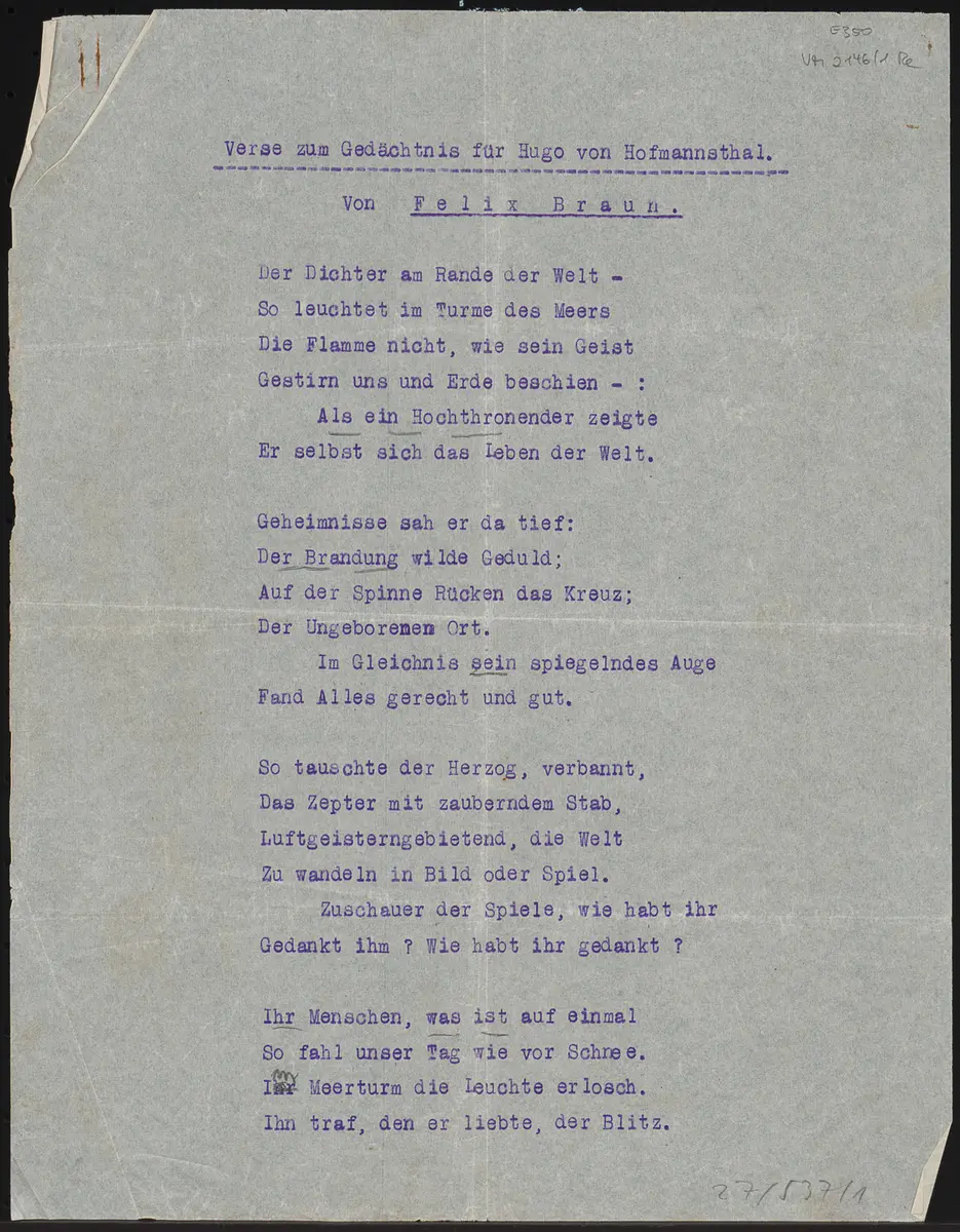 Hugo von Hofmannsthal. Verse zum Gedächtnis