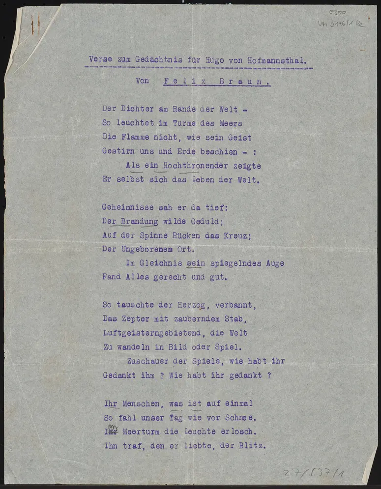 Hugo von Hofmannsthal. Verse zum Gedächtnis