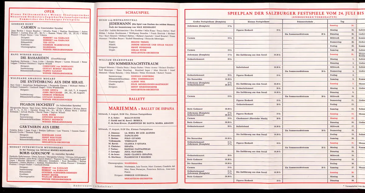 Salzburger Festspiele 1966, Verweis auf Stücktitel: Carmen, Verweis auf Stücktitel: Die Bassariden, Verweis auf Stücktitel: Die Entführung aus dem Serail, Verweis auf Stücktitel: Figaros Hochzeit, Verweis auf Stücktitel: Die Gärtnerin aus Liebe, Verweis auf Stücktitel: Boris Godunow, Verweis auf Stücktitel: Jedermann, Verweis auf Stücktitel: Ein Sommernachtstraum