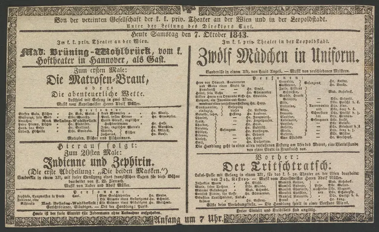 Die Matrosen-Braut, oder Die abenteuerliche Wette, Indienne und Zephirin, Zwölf Mädchen in Uniform, Der Tritschtratsch