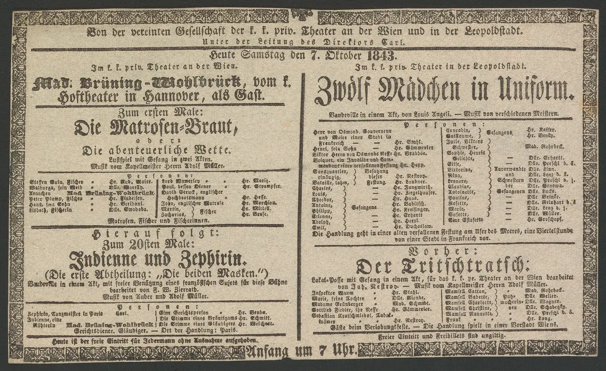 Die Matrosen-Braut, oder Die abenteuerliche Wette, Indienne und Zephirin, Zwölf Mädchen in Uniform, Der Tritschtratsch