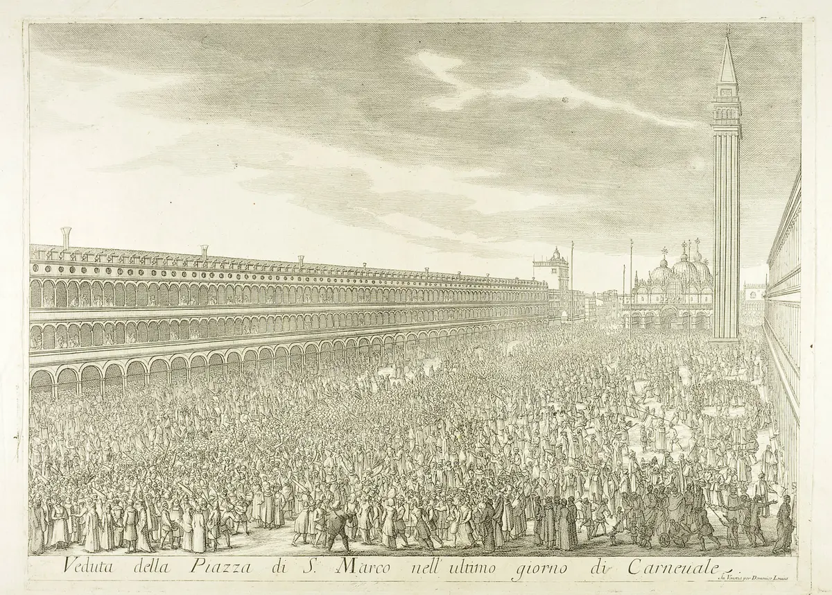 Venedig, Karneval, Titel in Vorlageform: Veduta della Piazza di S. Marco nell'ultimo giorno di Carnevale, Titel der Serie: Il gran Teatro di Venezia