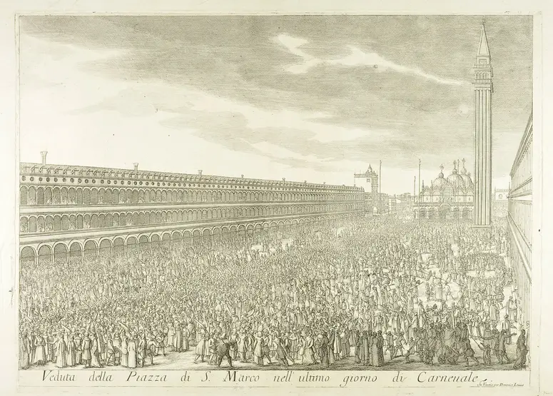 Venedig, Karneval, Titel in Vorlageform: Veduta della Piazza di S. Marco nell'ultimo giorno di Carnevale, Titel der Serie: Il gran Teatro di Venezia