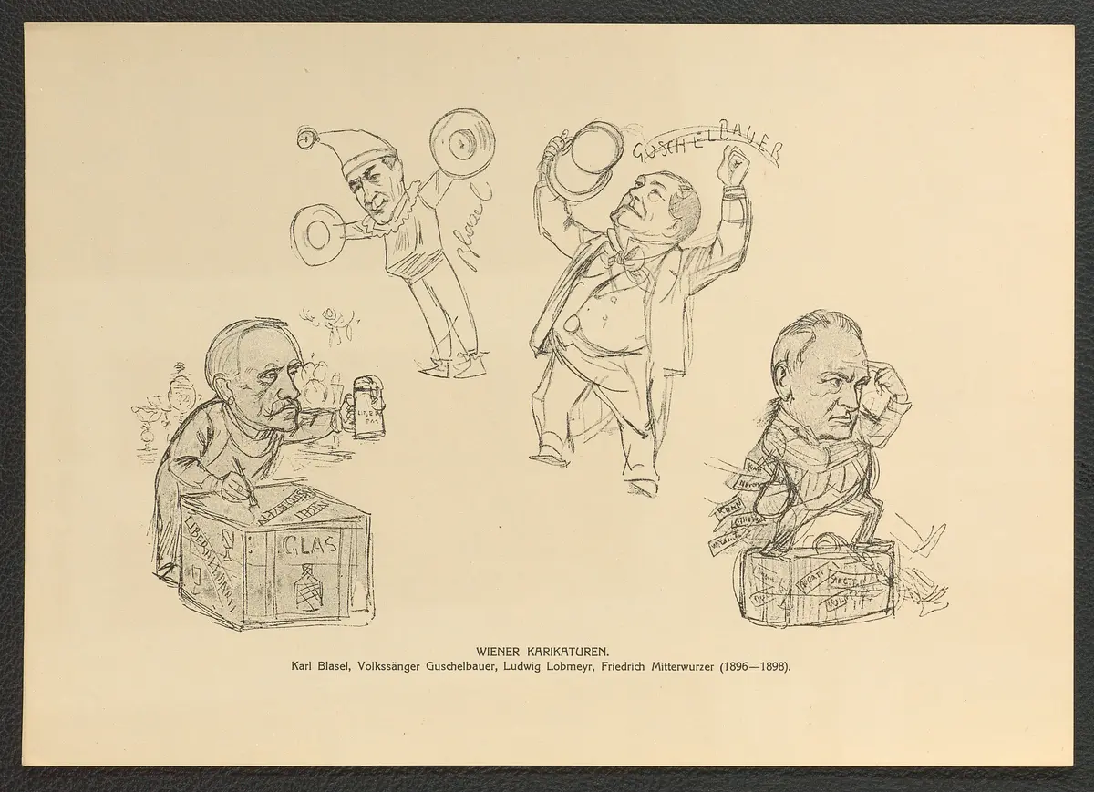 Wiener Karikaturen. (Karl Blasel, Volkssänger Guschelbauer, Ludwig Lobmeyr, Friedrich Mitterwurzer, 1896-1898), Titel der Serie: Theo Zasche's Lachendes Wien