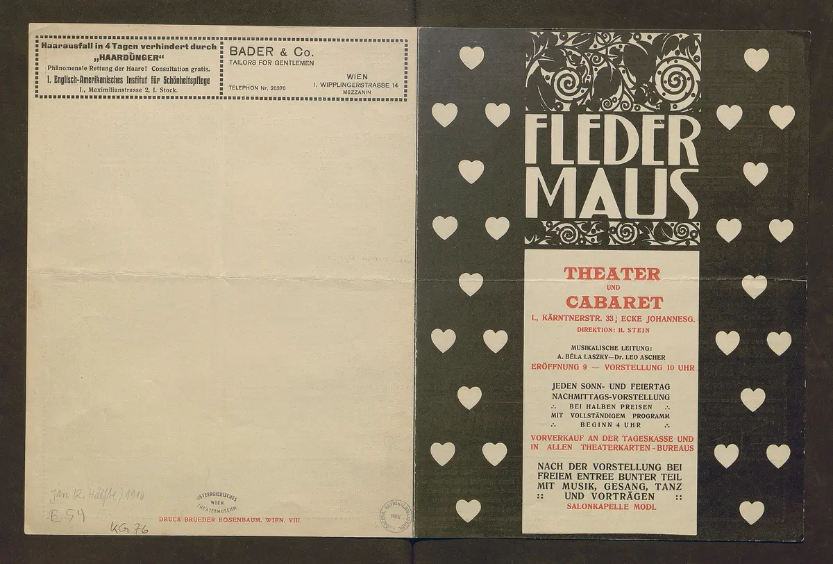 Kabarett Fledermaus, Titel in Vorlageform: Fledermaus Theater und Cabaret, Verweis auf Stücktitel: Zieh dich an - Amélie!, Verweis auf Stücktitel: Elektra, Verweis auf Stücktitel: Goethe