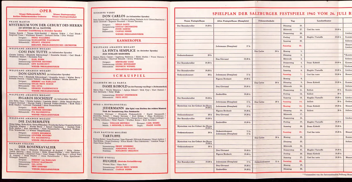 Salzburger Festspiele 1960, Verweis auf Stücktitel: Mysterium von der Geburt des Herrn, Verweis auf Stücktitel: Cosi fan tutte, Verweis auf Stücktitel: Don Giovanni, Verweis auf Stücktitel: Figaros Hochzeit, Der Zauberflöte, Verweis auf Stücktitel: Der Rosenkavalier, Verweis auf Stücktitel: Jedermann, Verweis auf Stücktitel: Dame Kobold, Verweis auf Stücktitel: Tartuffe, Verweis auf Stücktitel: Hughie