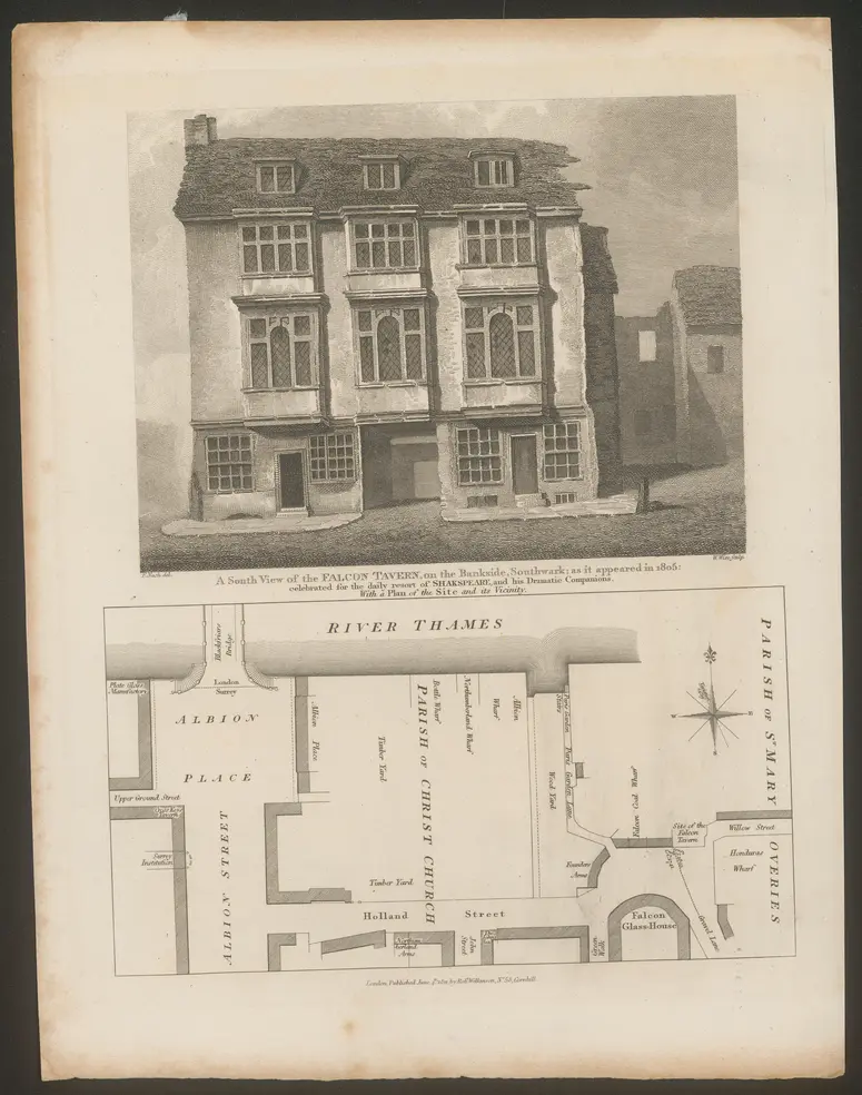 London, Falcon Tavern, Titel in Vorlageform: A South View of the Falcon Tavern, on the Bankside, Southwark; as it appeared in 1805; celebrated for the daily resort of Shakespeare, and his Dramatic Companions., Titel der Serie: Londina Illustrata