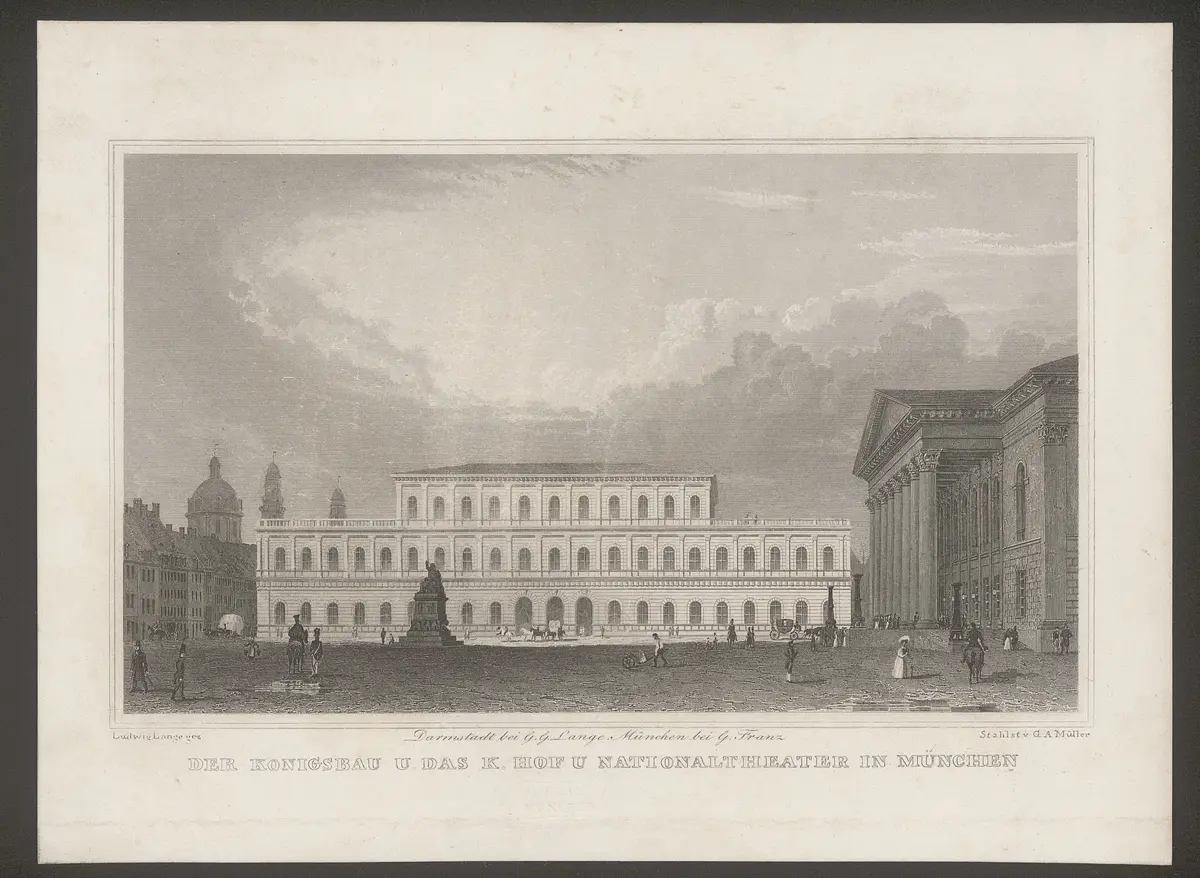 München, Hof- und Nationaltheater, Alternativtitel: München, Opernhaus, Titel in Vorlageform: Der Königsbau u. das Hof u Nationaltheater in München