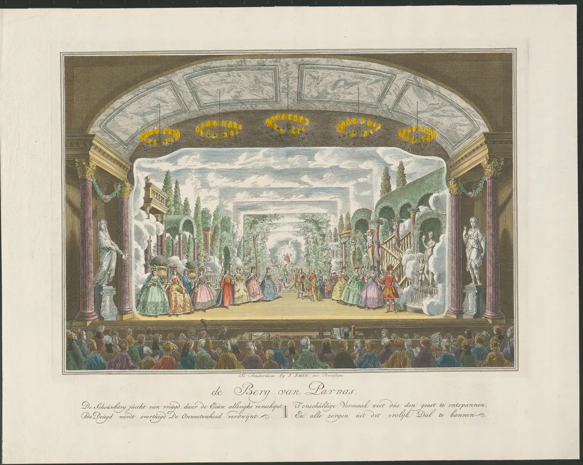 ohne Titel, Titel in Vorlageform: de Berg van Parnass (der Berg Parnass), Titel der Serie: Toneeldecors van de Amsterdamse Schouwburg (Theaterdekorationen der Amsterdamer Schauburg), Verweis auf Stücktitel: Het Eeuwgetijde van den Amsteldamschen Schouwburg