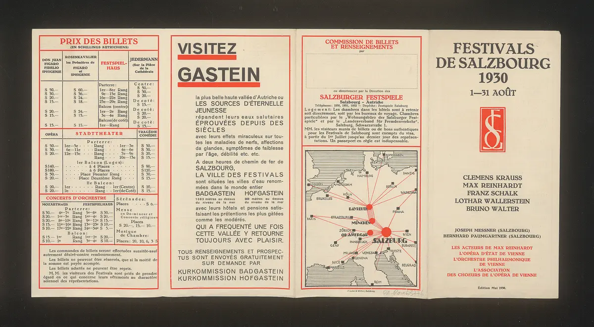 Salzburger Festspiele 1930, Titel in Vorlageform: Festivals de Salzbourg 1930, Verweis auf Stücktitel: Figaros Hochzeit, Verweis auf Stücktitel: Don Juan, Verweis auf Stücktitel: Fidelio, Verweis auf Stücktitel: Der Rosenkavalier, Verweis auf Stücktitel: Don Pasquale, Verweis auf Stücktitel: Jedermann, Verweis auf Stücktitel: Kabale und Liebe, Verweis auf Stücktitel: Der Diener zweier Herren, Verweis auf Stücktitel: Viktoria