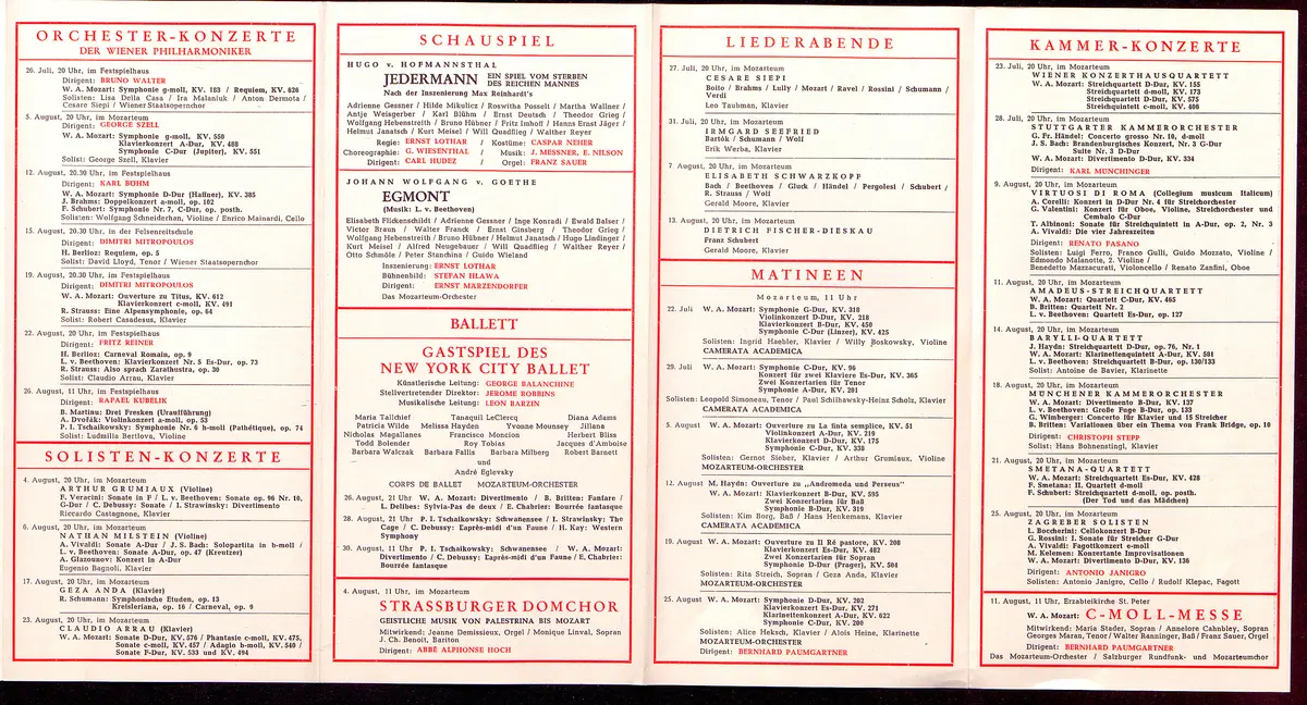 Salzburger Festspiele 1956, Verweis auf Stücktitel: Cosi fan tutte, Verweis auf Stücktitel: Don Giovanni, Verweis auf Stücktitel: Entführung aus dem Serail, Figaros Hochzeit, Verweis auf Stücktitel: Idomeneo, Verweis auf Stücktitel: Zauberflöte, Verweis auf Stücktitel: Jedermann, Verweis auf Stücktitel: Egmont