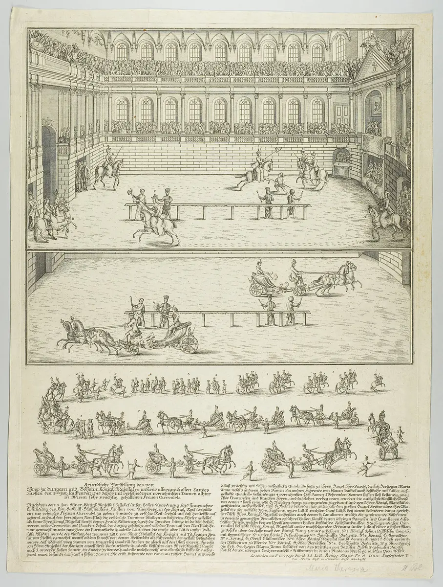 Das Damenkarusell in der Hofreitschule, Titel in Vorlageform: Gründliche Darstellung des von Ihrer zu Ungarn und Böheim königl. Majestät etc. [...] in Wienn sehr prächtig gehaltenen Frauen Carrousels