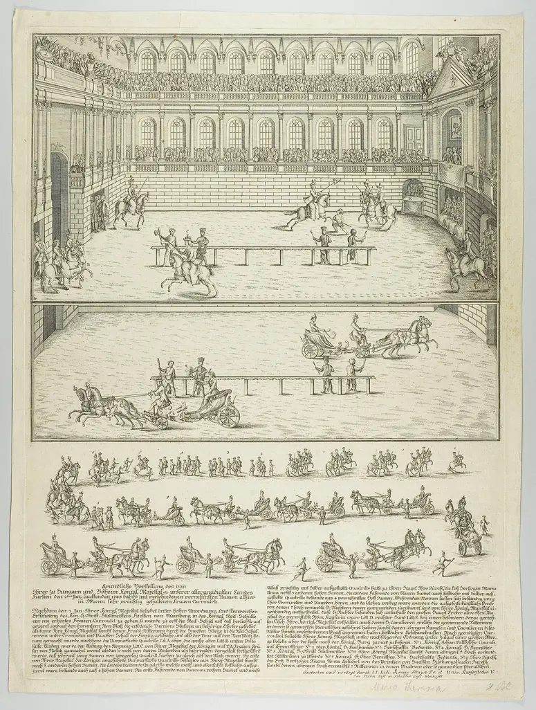 Das Damenkarusell in der Hofreitschule, Titel in Vorlageform: Gründliche Darstellung des von Ihrer zu Ungarn und Böheim königl. Majestät etc. [...] in Wienn sehr prächtig gehaltenen Frauen Carrousels