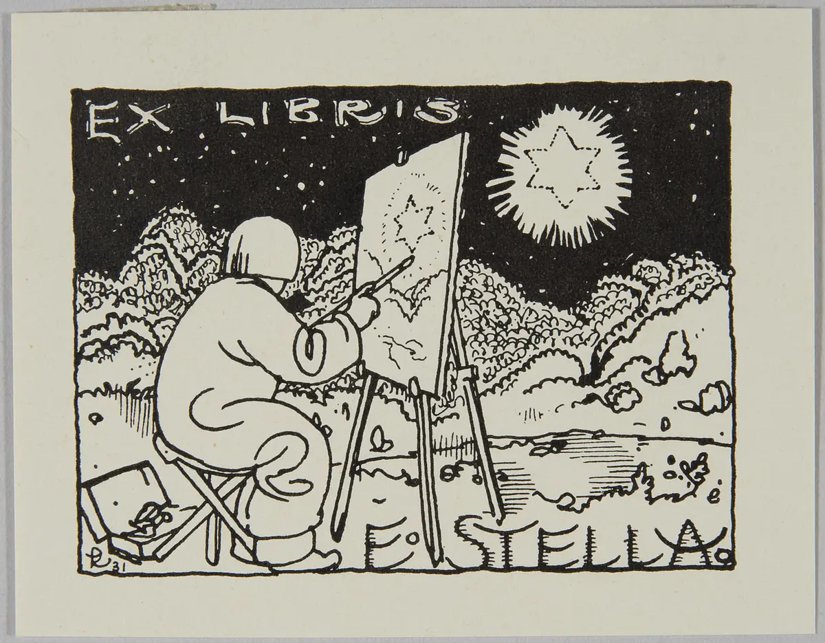 Exlibris Eduard Stella, Titel in Vorlageform: Exlibris E. Stella, Alternativtitel: Scherzexlibris für Silvester 1931