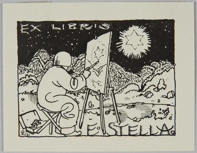 Exlibris Eduard Stella, Titel in Vorlageform: Exlibris E. Stella, Alternativtitel: Scherzexlibris für Silvester 1931