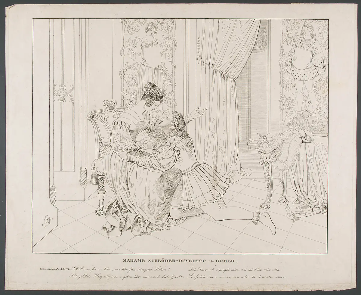 Wilhelmine Schröder-Devrient, Titel in Vorlageform: Madame Schroeder Devrient als Romeo, Verweis auf Stücktitel: Romeo und Julia, Verweis auf Stücktitel: I Capuleti e i Montecchi