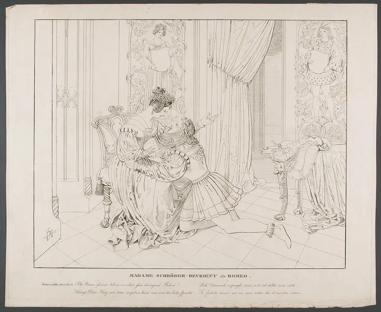 Wilhelmine Schröder-Devrient, Titel in Vorlageform: Madame Schroeder Devrient als Romeo, Verweis auf Stücktitel: Romeo und Julia, Verweis auf Stücktitel: I Capuleti e i Montecchi