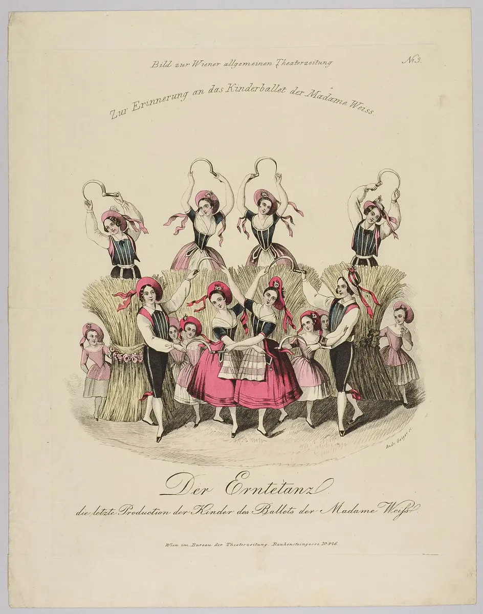 Der Erntetanz, Titel der Serie: Costume-Bild, Name der Zeitschrift: Wiener Theaterzeitung, Alternativtitel: Die letzte Production der Kinder des Ballets von Madame Weiss